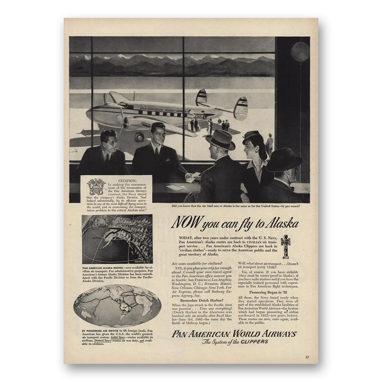 1944 Pan Am Print Ad | Now You Can Fly To Alaska