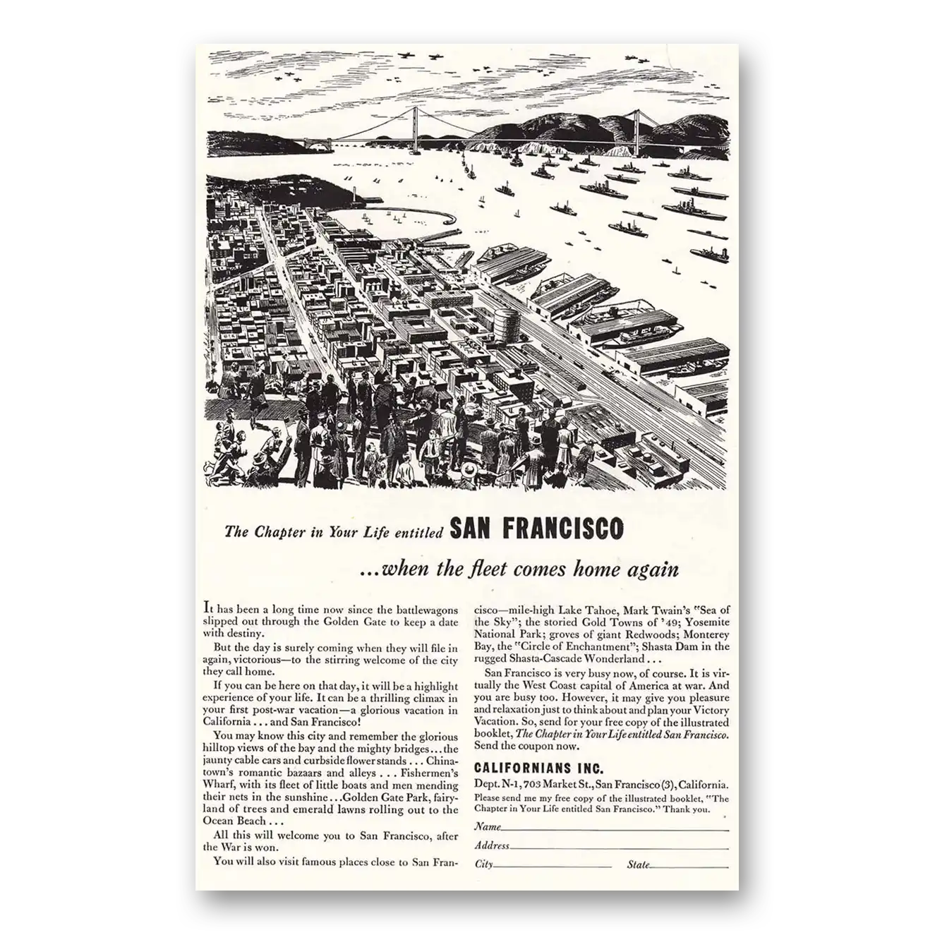 1944 San Francisco California Print Ad | Fleet Comes Home