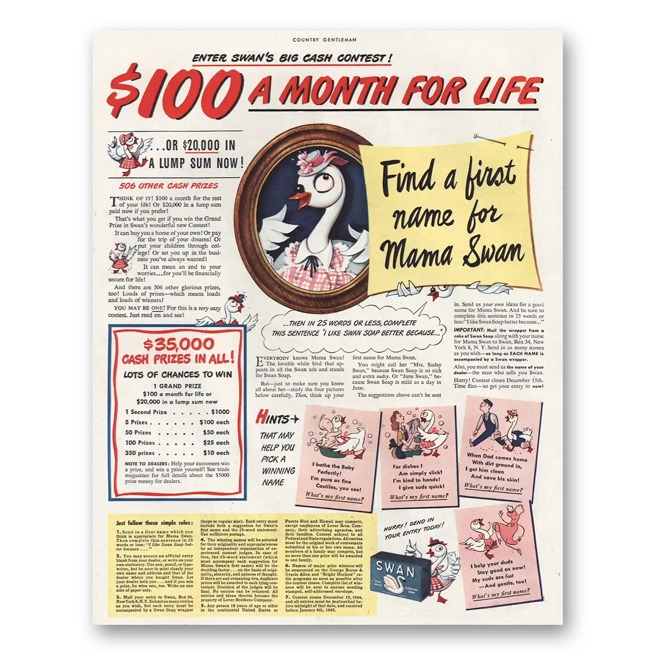 1944 Swan Soap Print Ad | Mama Swan