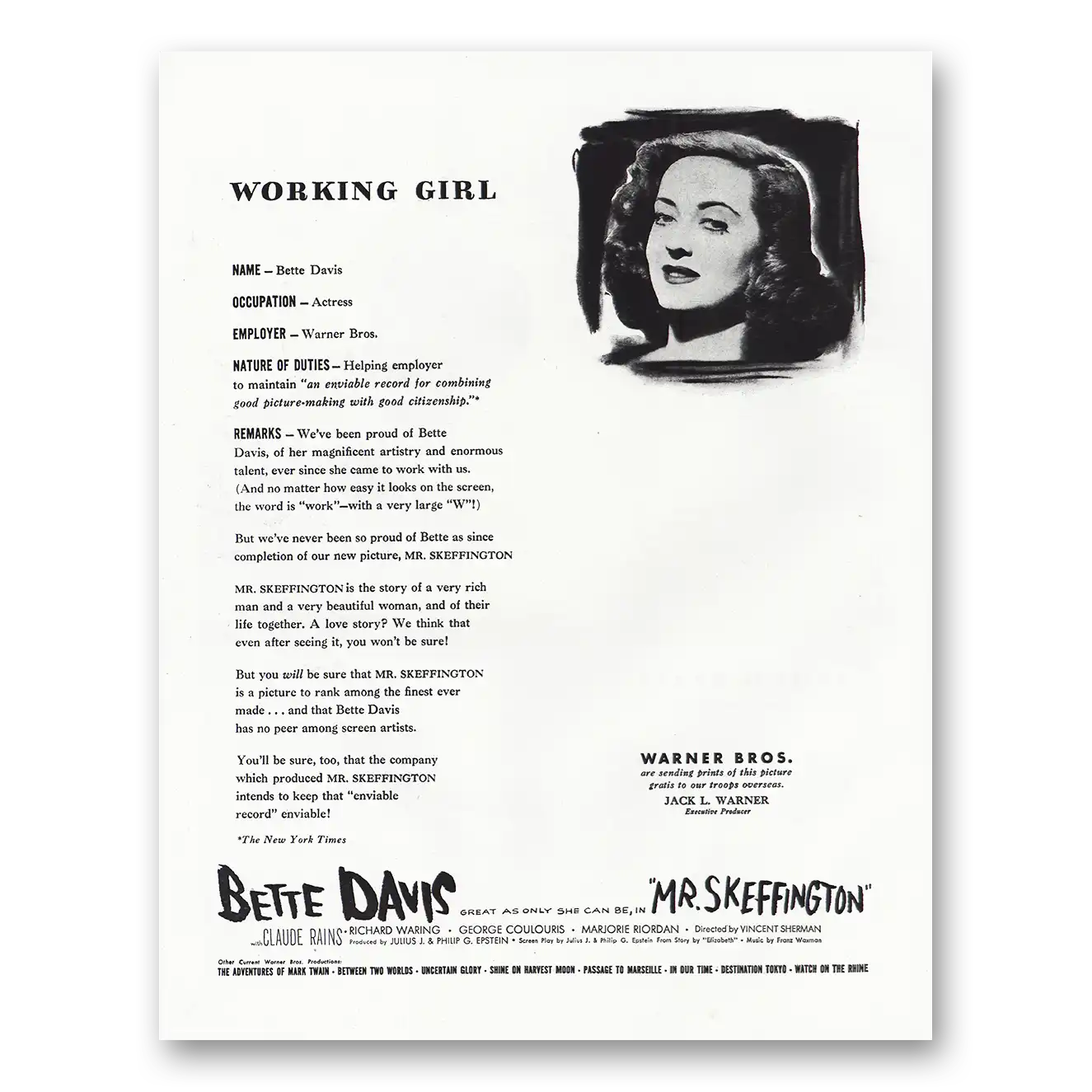 1944 Warner Brothers Print Ad | Mr Skeffington Promo Bette Davis