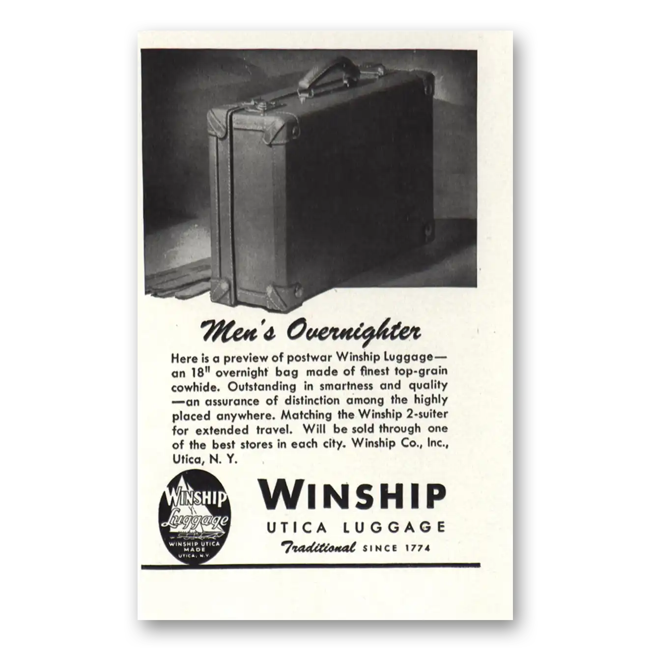 1944 Winship Utica Luggage Print Ad | Mens Overnighter