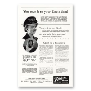 1944 Zenith Hearing Aid Print Ad | Uncle Sam