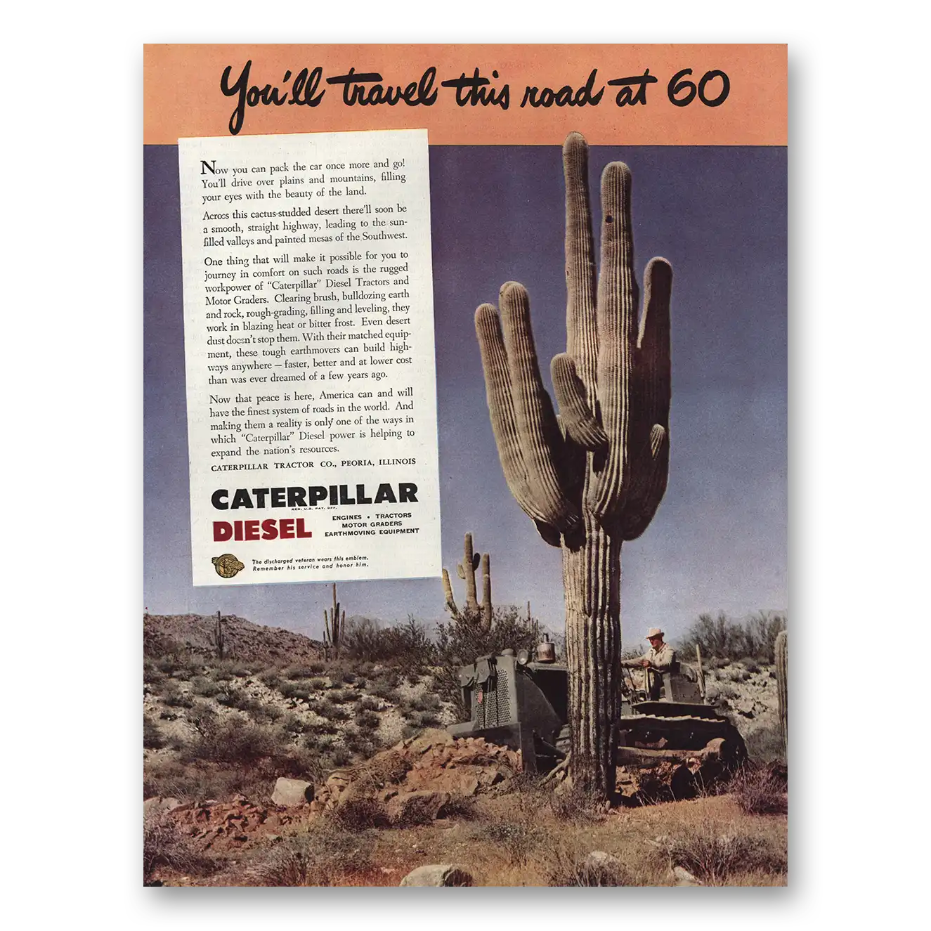 1945 Caterpillar Diesel Print Ad | Travel This Road At 60