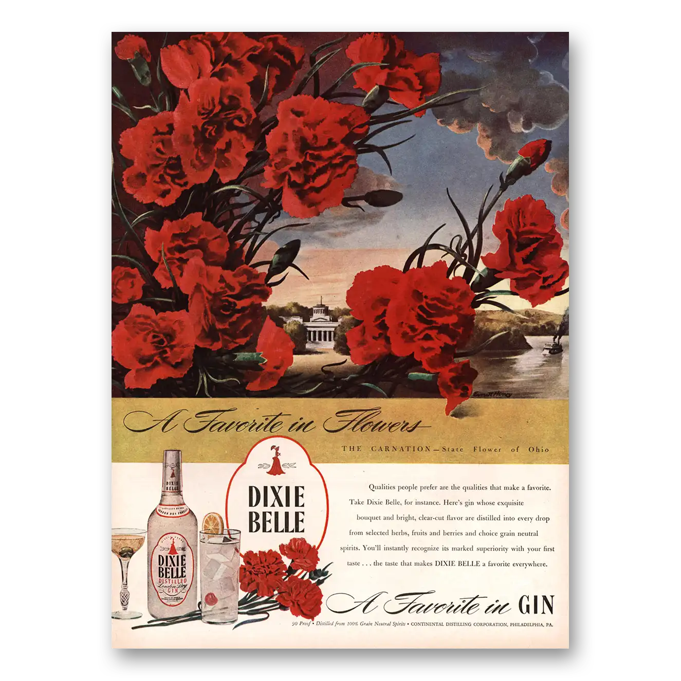 1945 Dixie Belle Gin Print Ad | Flowers Carnation