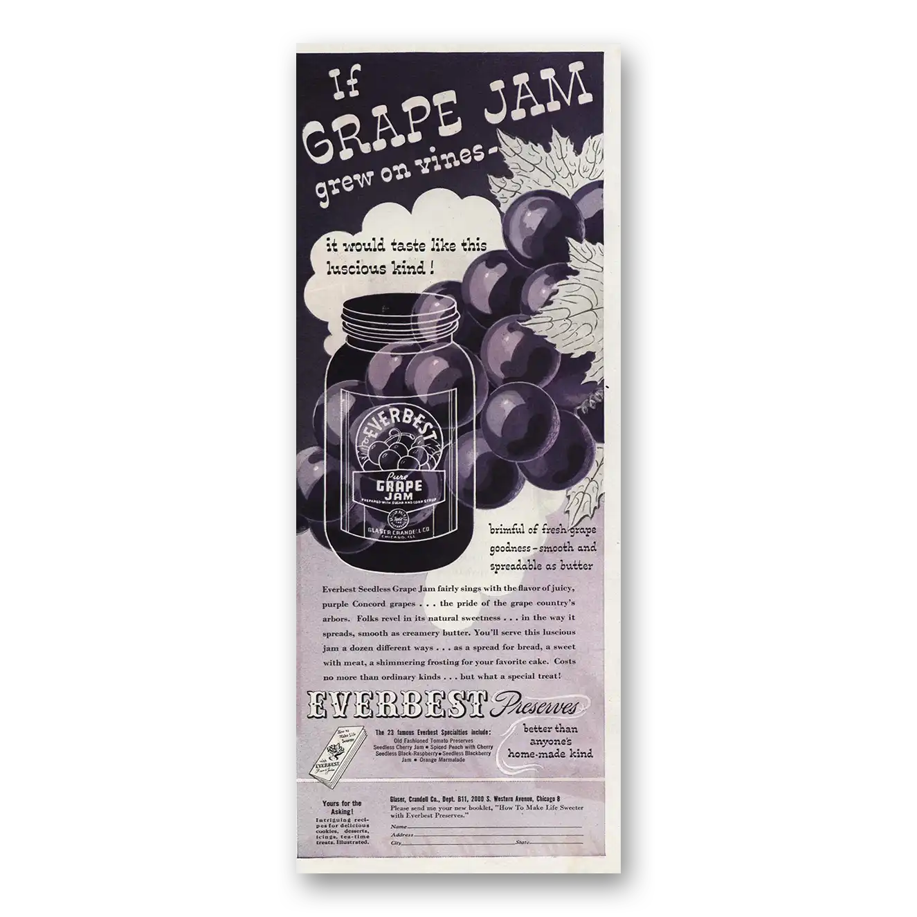 1945 Everbest Grape Jam Print Ad | Grew On Vines