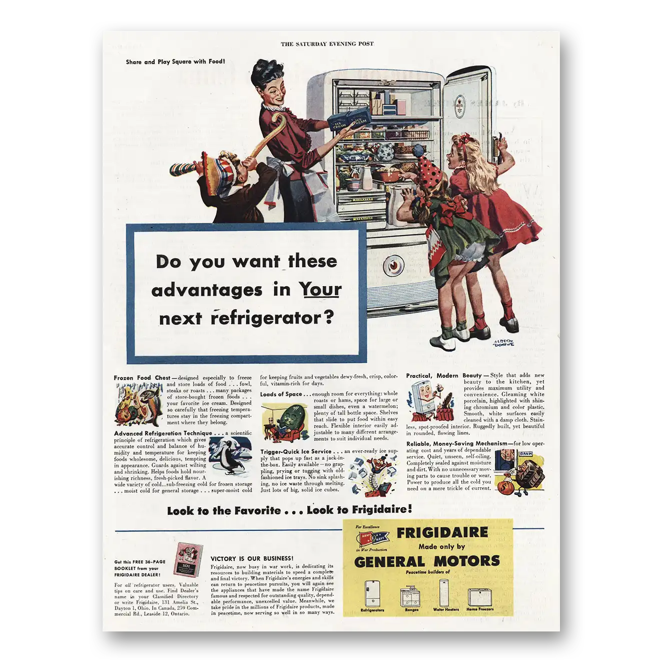 1945 Frigidaire Refrigerator Print Ad | Advantages