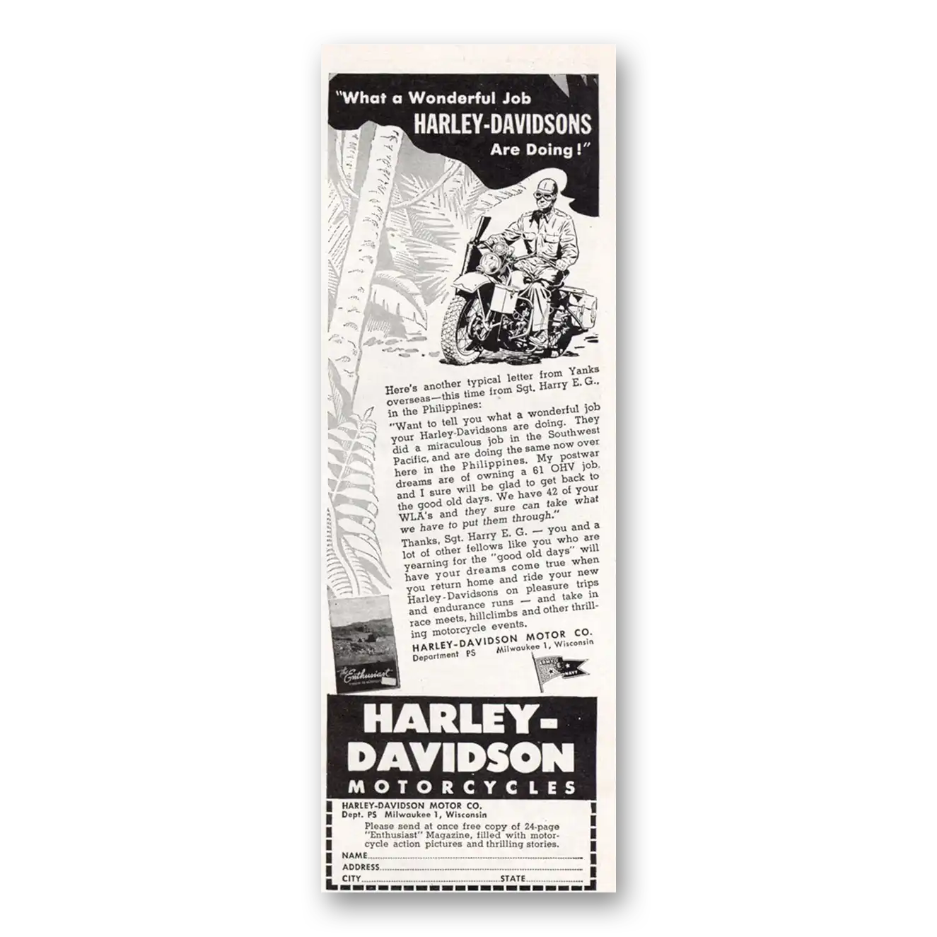 1945 Harley Davidson Print Ad | Wonderful Job