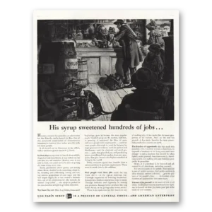1945 Log Cabin Syrup Print Ad | Sweetened Hundreds Of Jobs