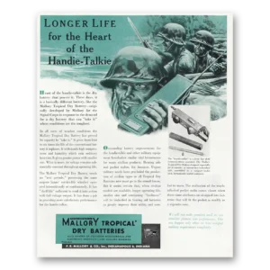 1945 Mallory Tropical Dry Batteries Print Ad | Handie Talkie
