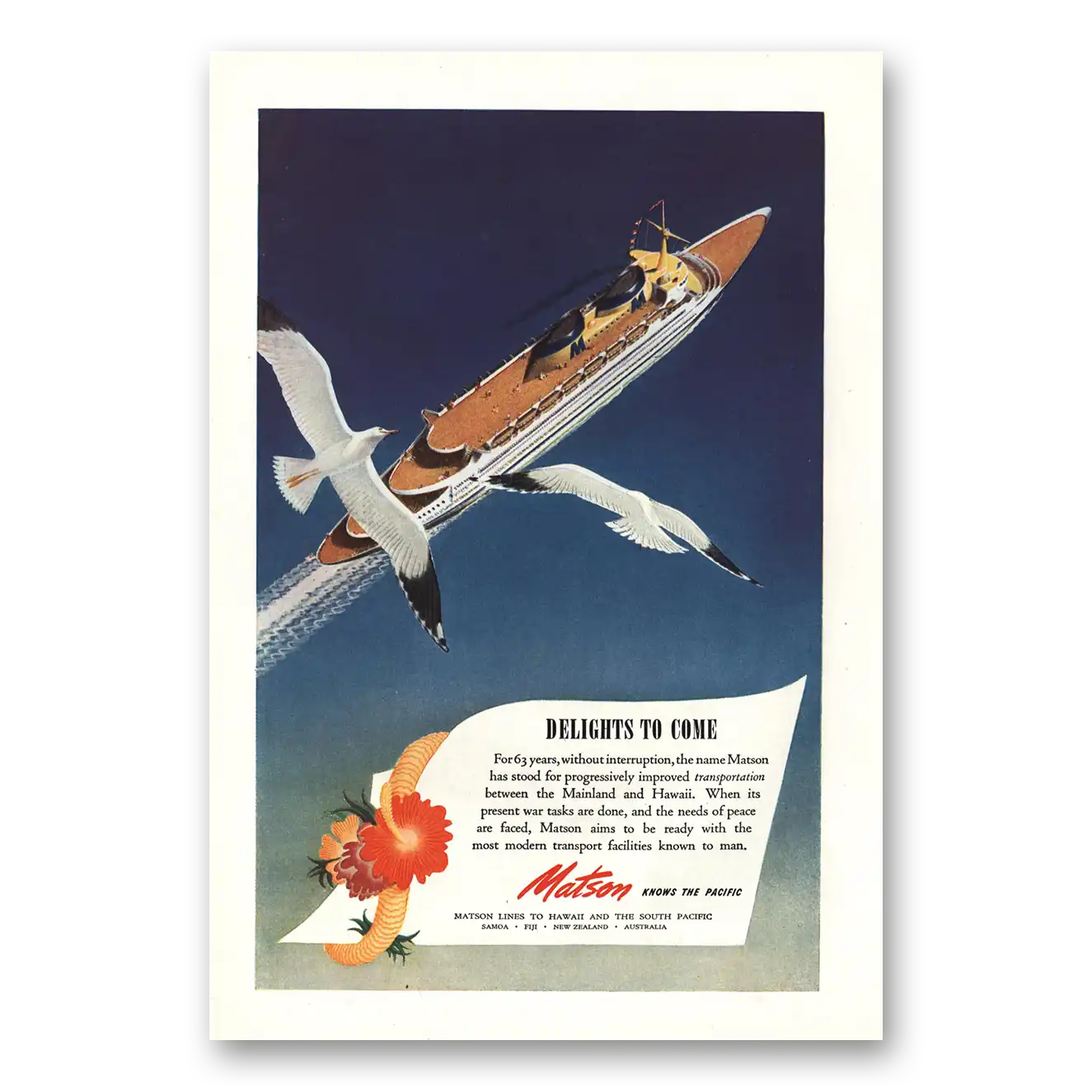 1945 Matson Line Print Ad | Delights Come
