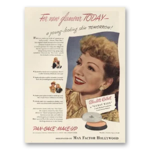 1945 Max Factor Pan Cake Make Up Print Ad | Claudette Colbert