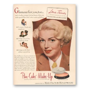 1945 Max Factor Pan Cake Make Up Print Ad | Lana Turner