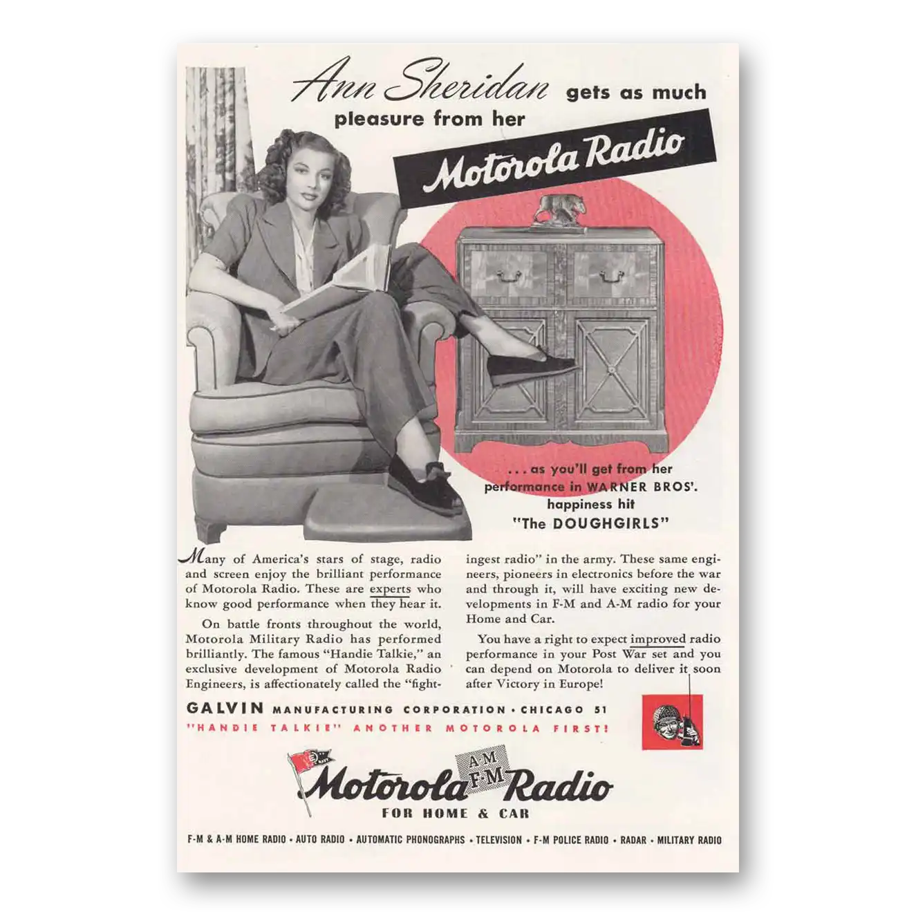 1945 Motorola Radio Print Ad | Ann Sheridan