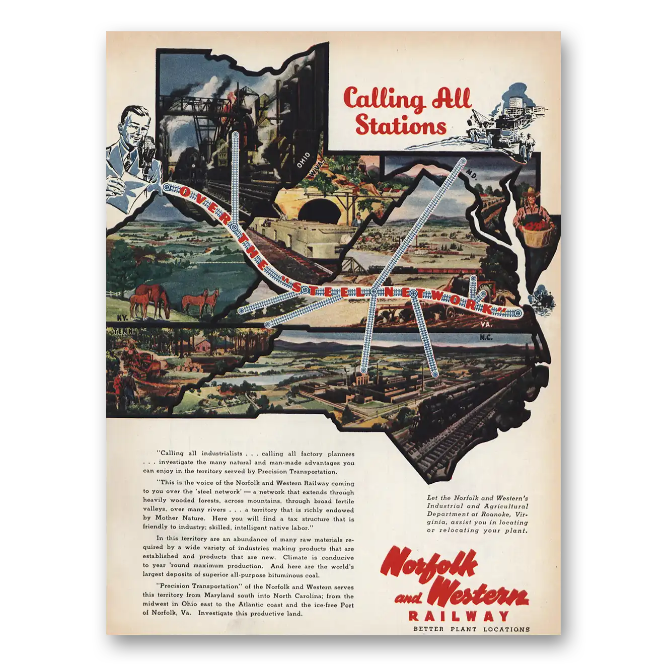 1945 Norfolk and Western Railway Print Ad | Calling Stations