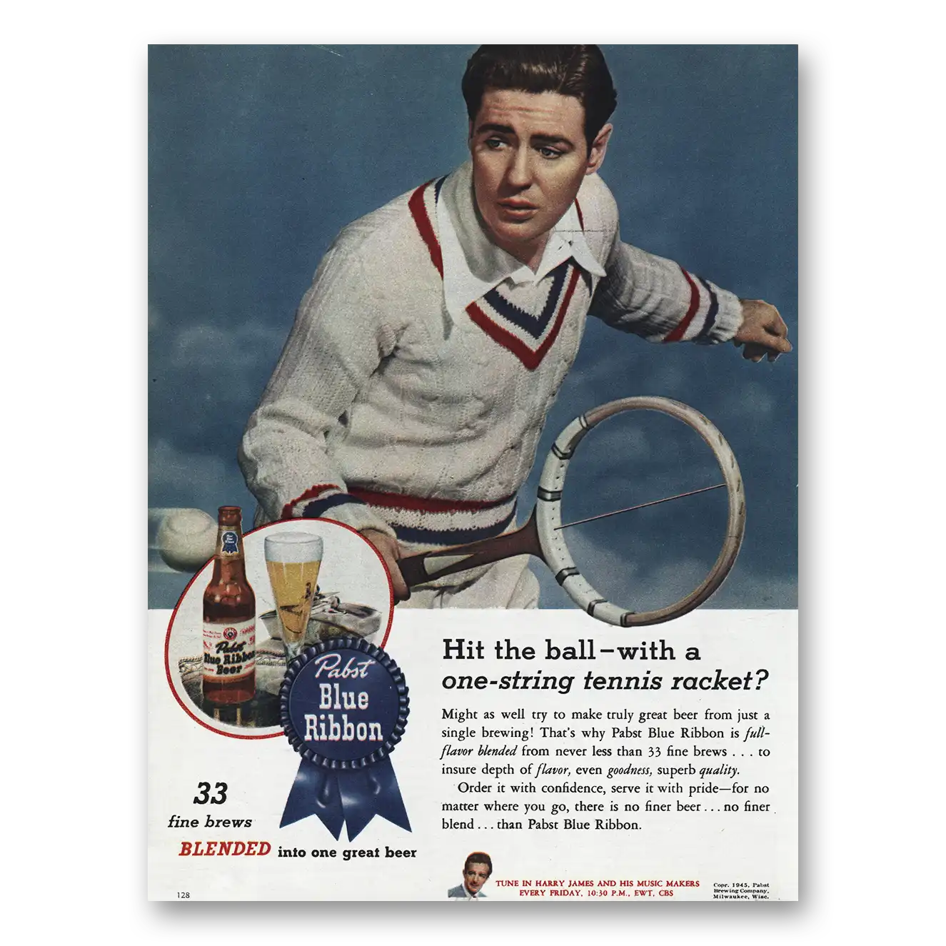 1945 Pabst Blue Ribbon Beer Print Ad | Tennis Racket