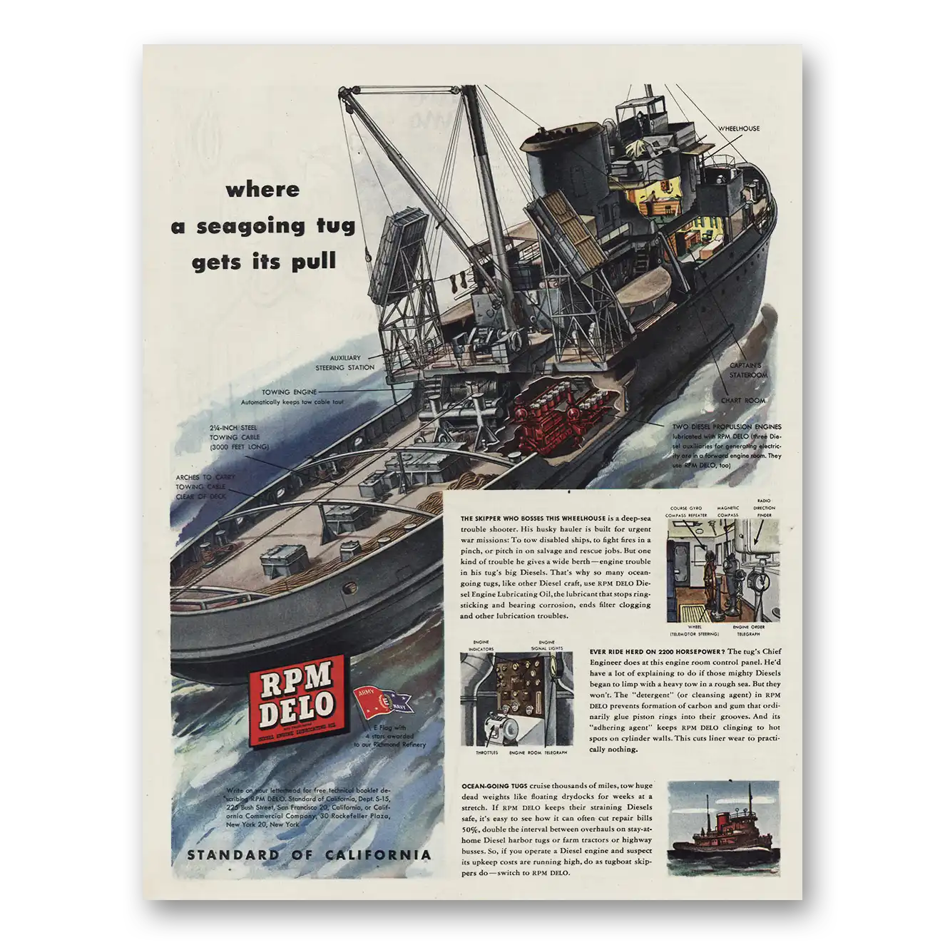 1945 RPM DELO Oil Print Ad | Diesel Freighters Wheels Go Round