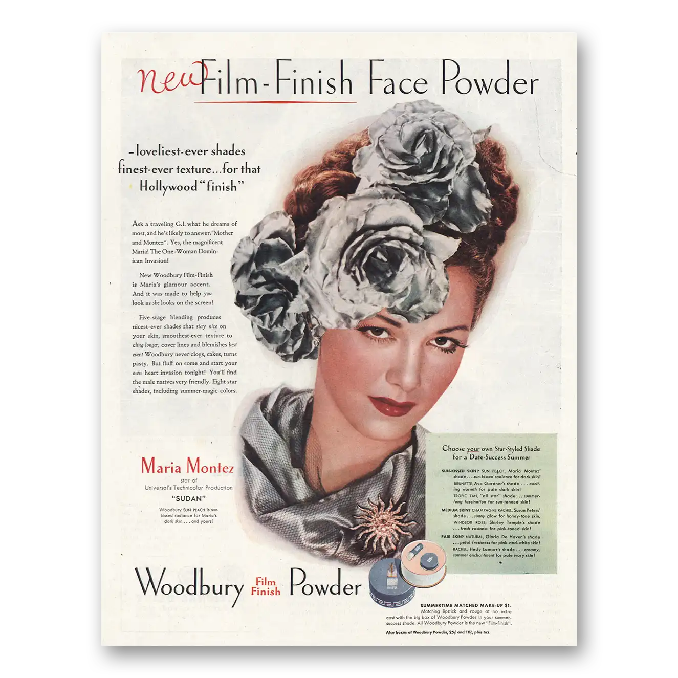 1945 Woodbury Film Finish Face Powder Print Ad | Maria Montez
