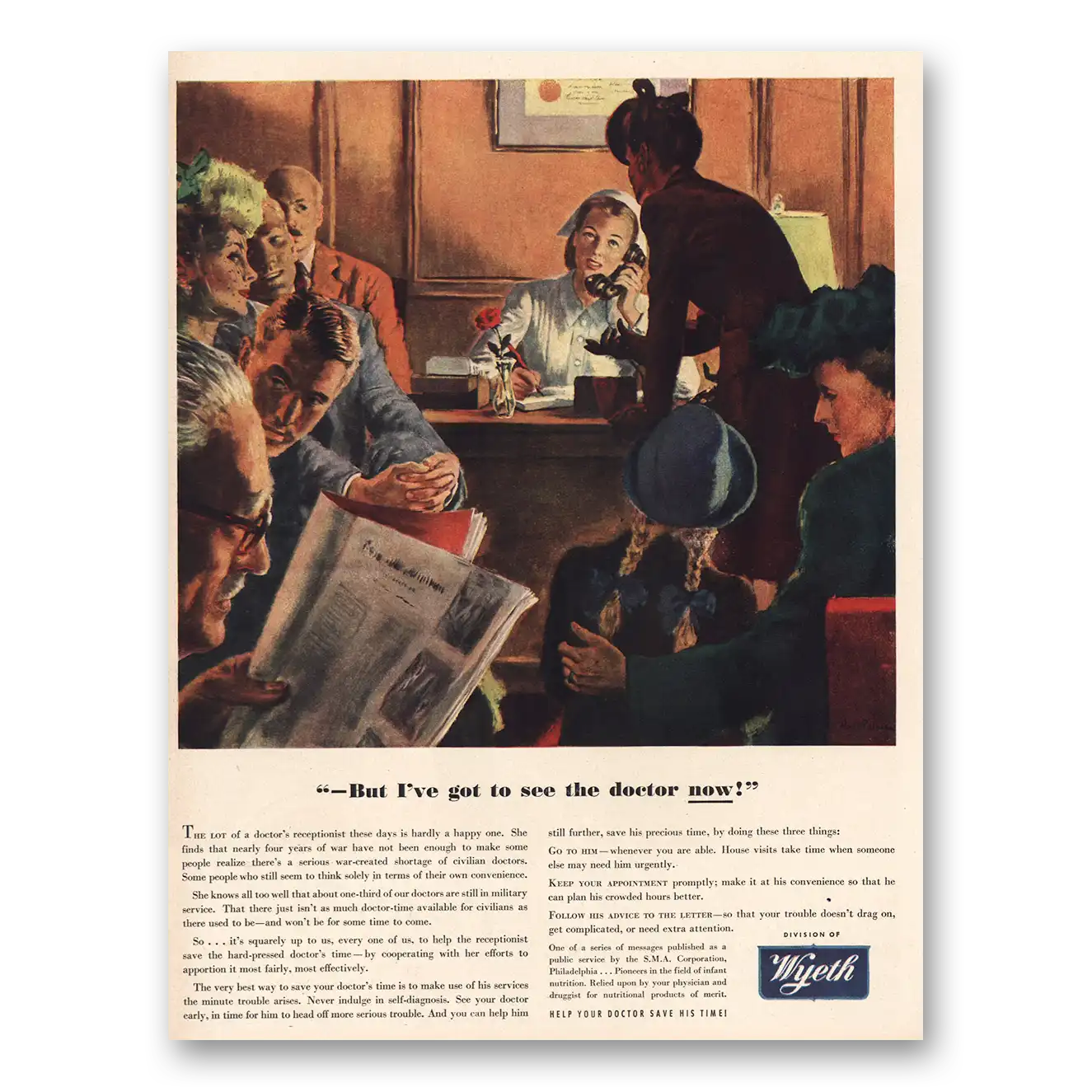 1945 Wyeth Print Ad | Ive Got To See Doctor Now