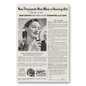 1945 Zenith Hearing Aid Print Ad | Earphone Cord