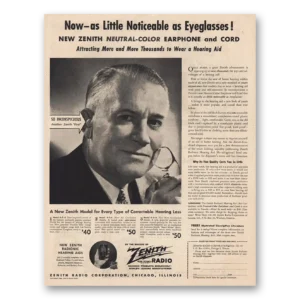 1945 Zenith Hearing Aid Print Ad | Little Noticeable As Eyeglasses