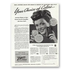 1945 Zenith Hearing Aid Print Ad | Choice Of Colors