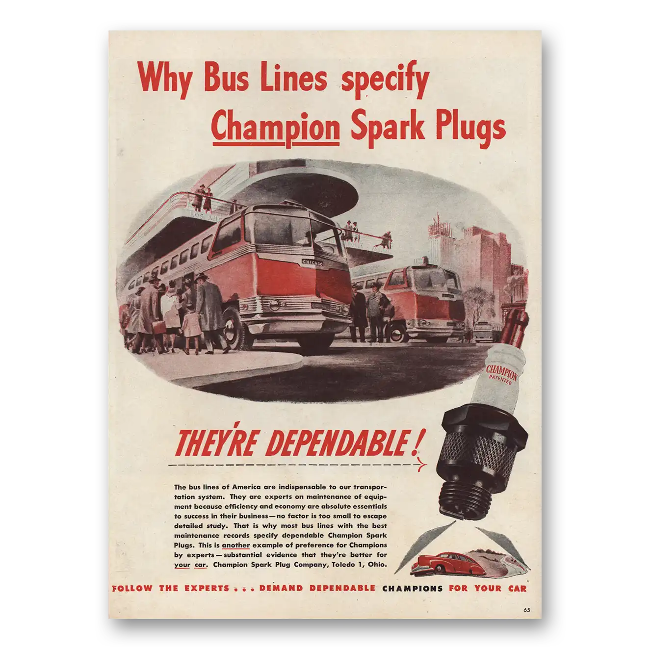 1946 Champion Spark Plugs Print Ad | Bus Lines