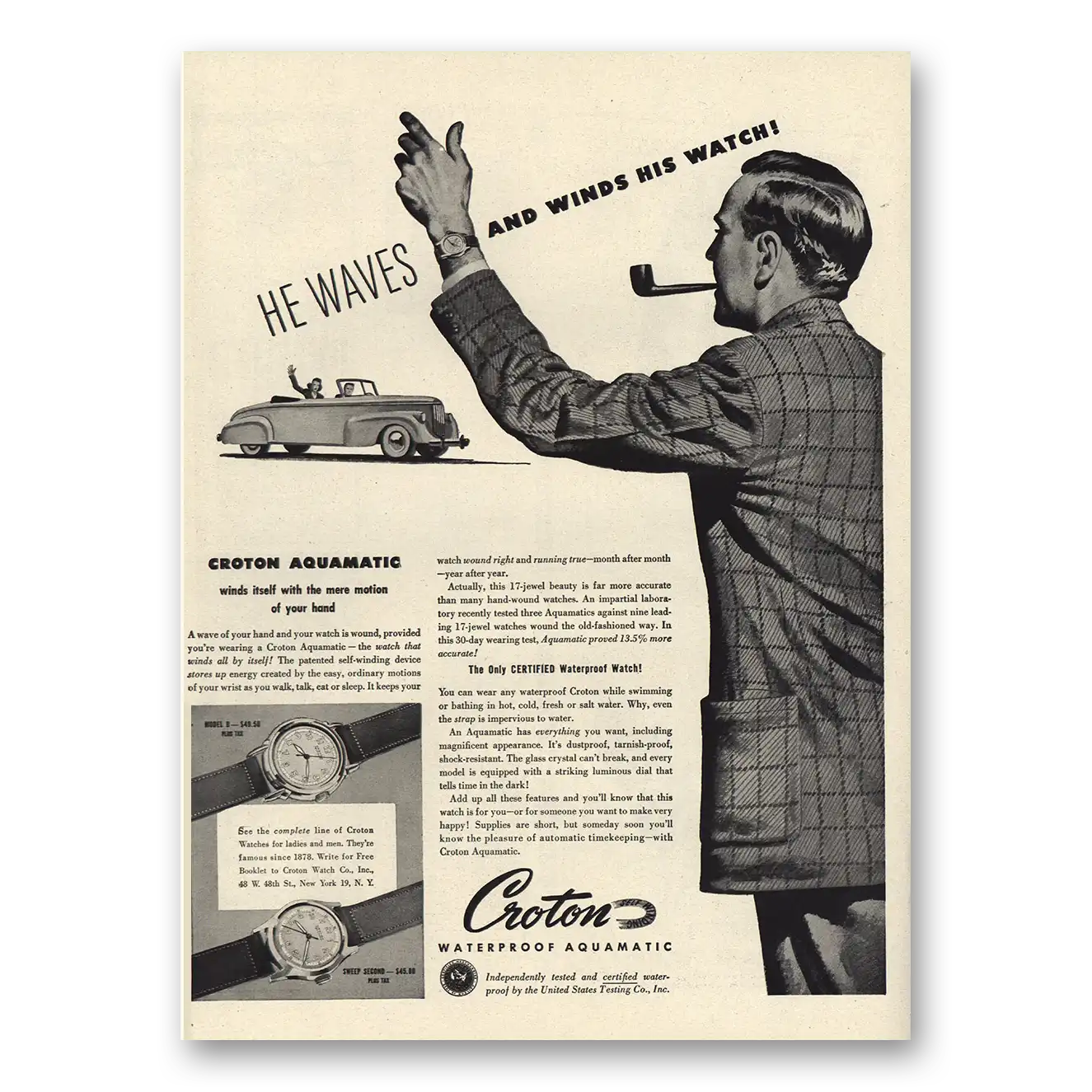 1946 Croton Watch Print Ad | He Waves Winds His Watch