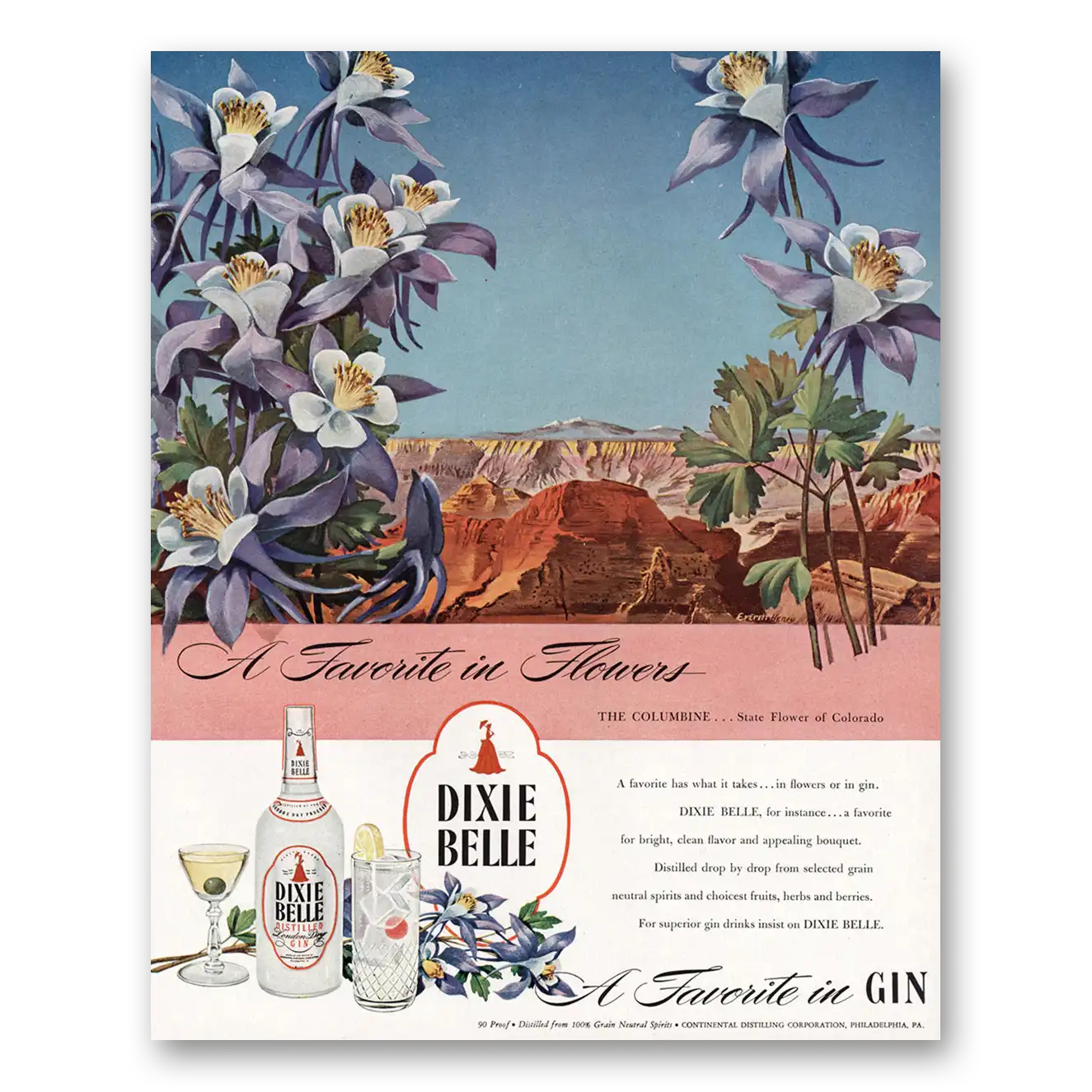 1946 Dixie Belle Gin Print Ad | Columbine Flower
