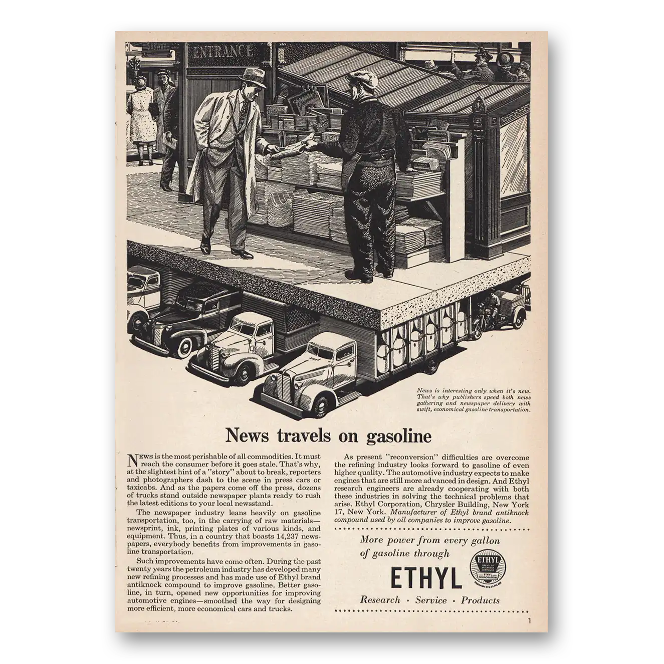 1946 Ethyl Gasoline Print Ad | News Travels On Gasoline