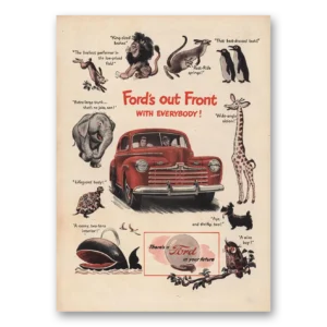 1946 Ford Print Ad | Fords Out Front Giraffe Elephant Turtle