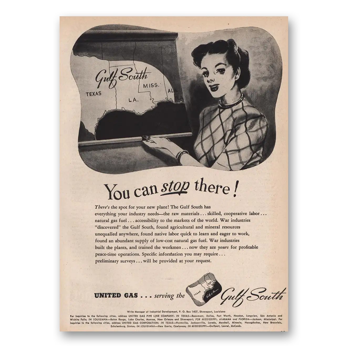 1946 United Gas Print Ad | You Can Stop There Gulf South
