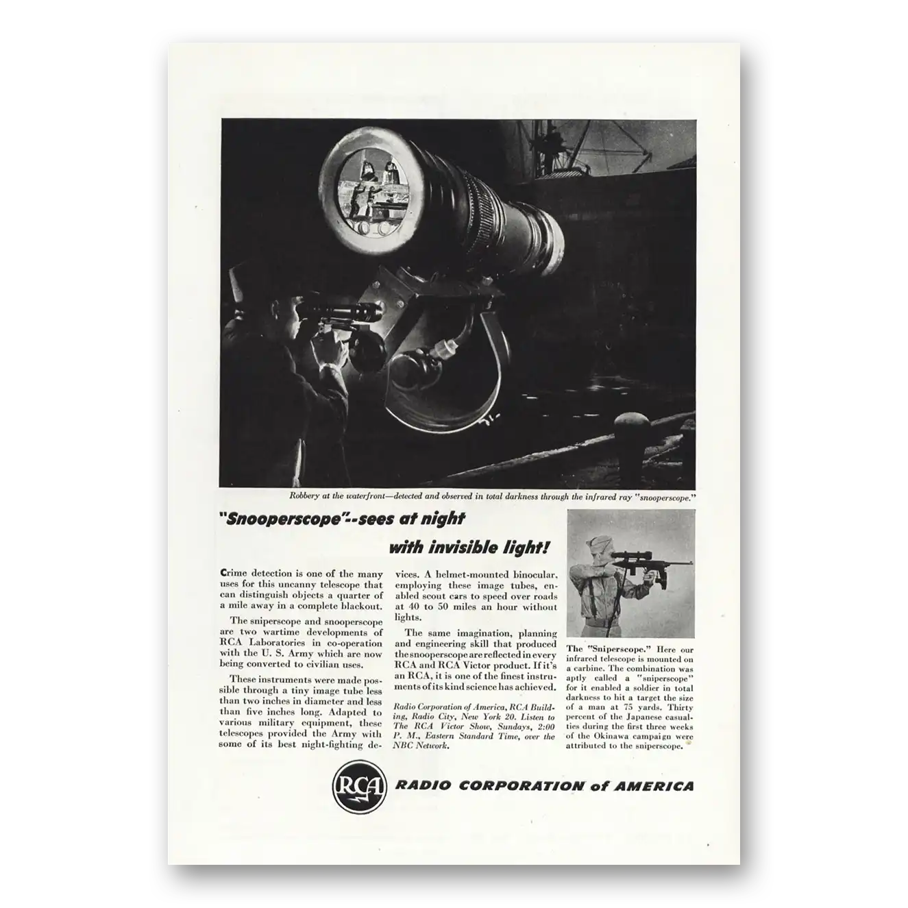 1946 RCA Snooperscope Print Ad | Sees Night