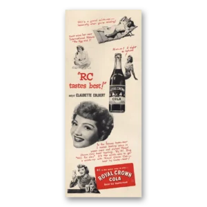 1946 Royal Crown Cola Print Ad | Claudette Colbert