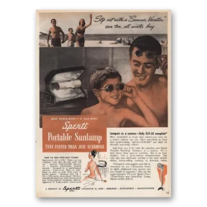 1946 Spertt Portable Sunlamp Print Ad | Tans Faster