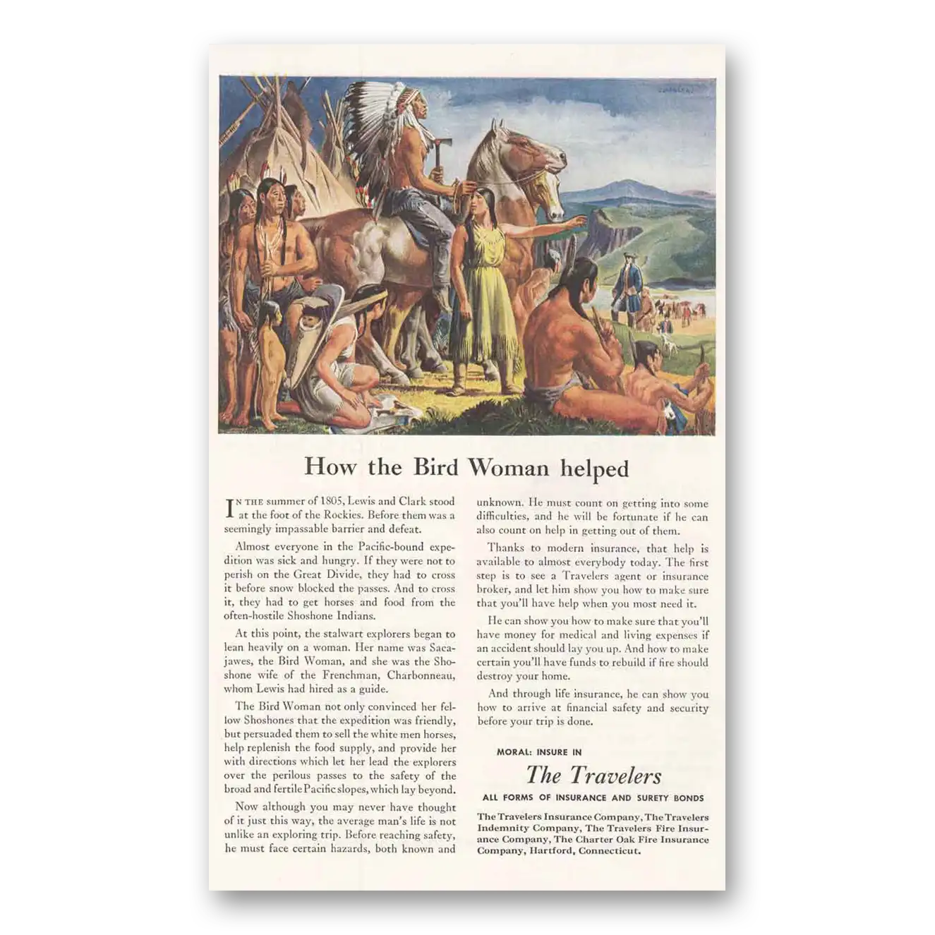 1946 Travelers Insurance Print Ad | Bird Woman