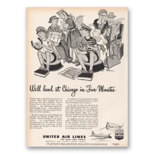 1946 United Airlines Print Ad | Land Chicago In Five Minutes