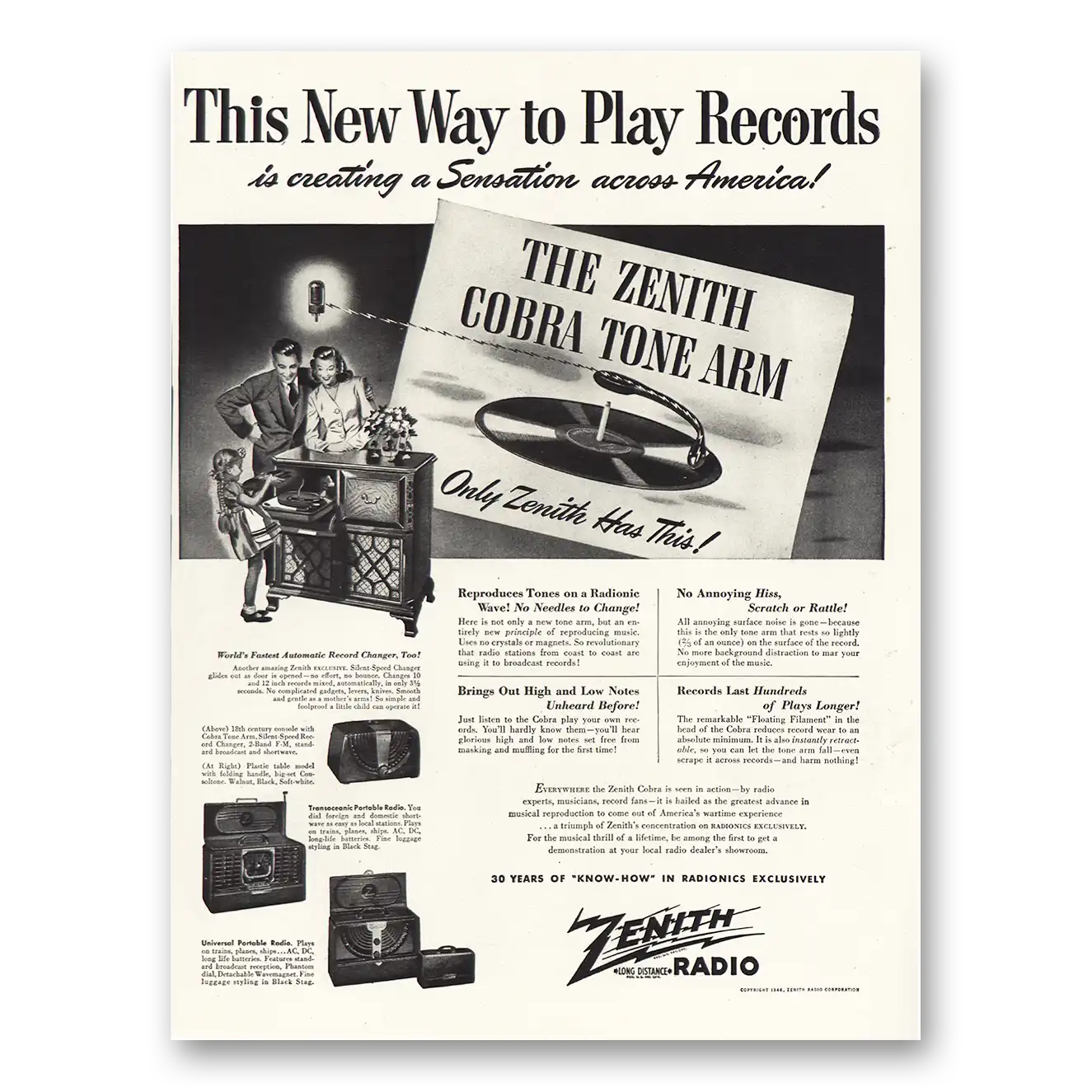 1946 Zenith Radio Print Ad | Cobra Tone Arm