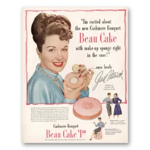 1947 Cashmere Bouquet Beau Cake Print Ad | Gail Patrick