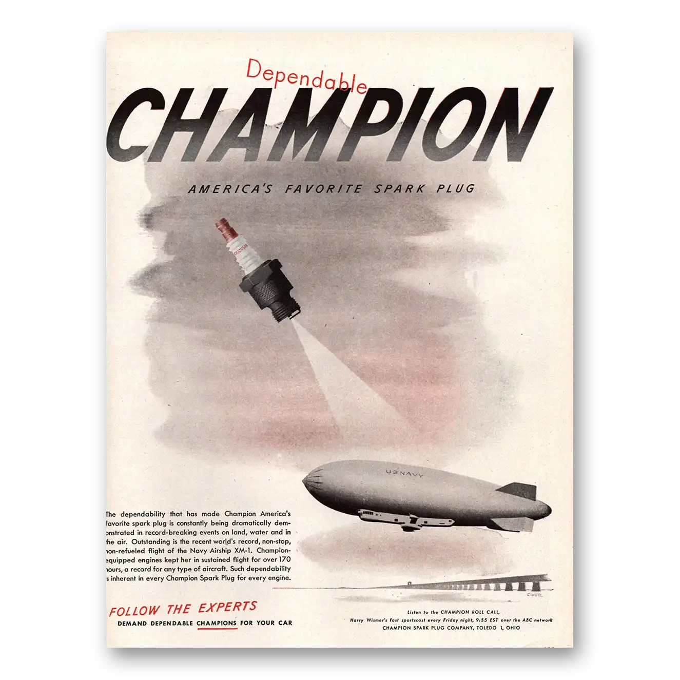 1947 Champion Spark Plugs Print Ad | Us Navy Blimp