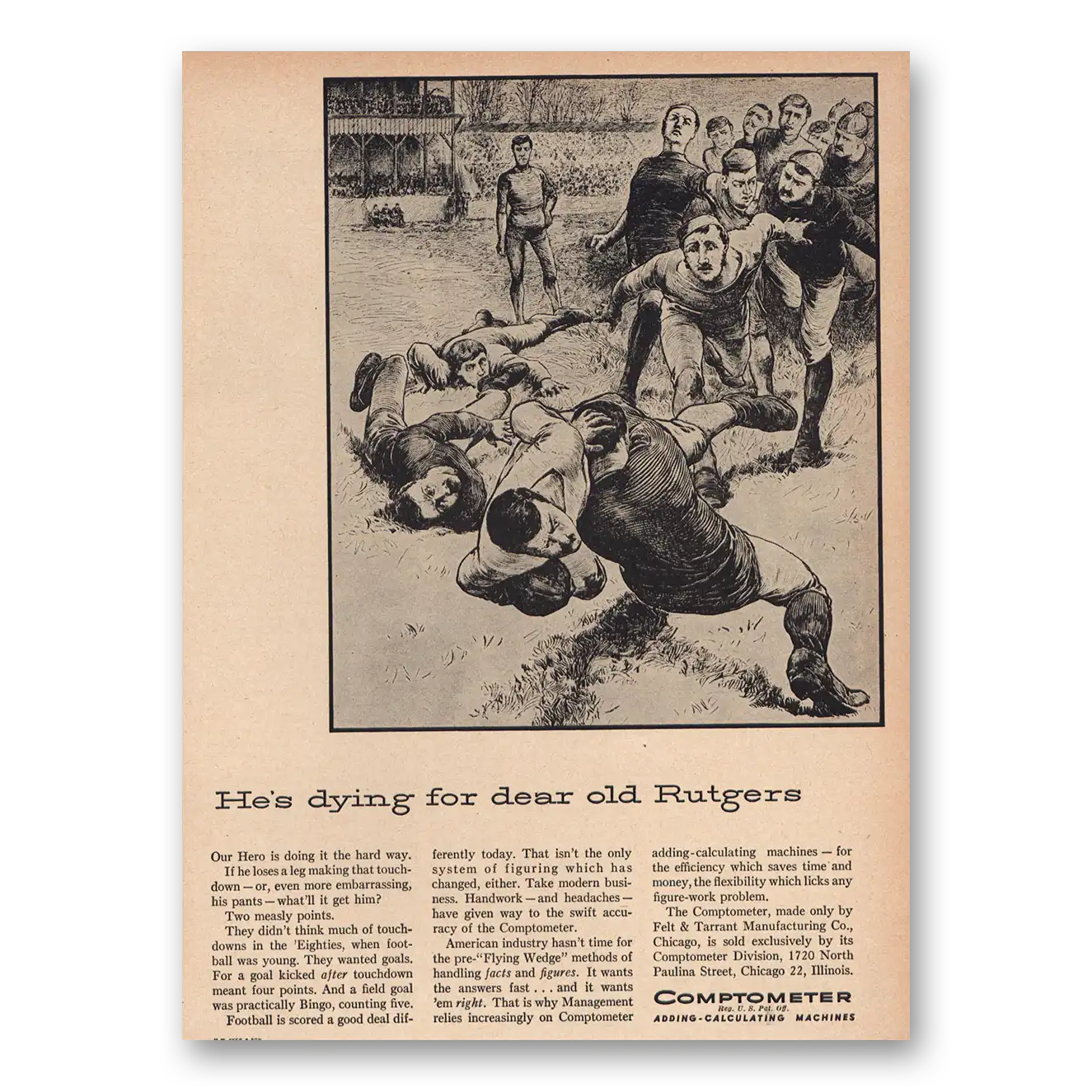 1947 Comptometer Print Ad | Dying Dear Old Rutgers