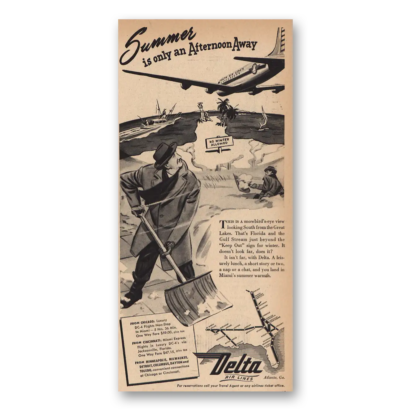1947 Delta Air Lines Print Ad | Summer Is Only An Afternoon Away