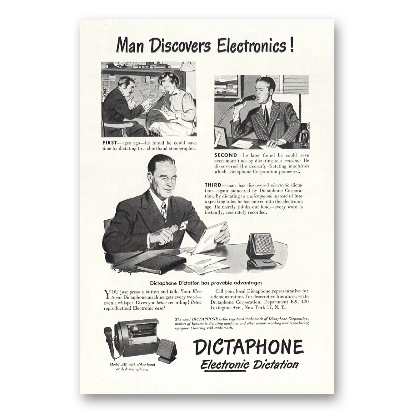 1947 Dictaphone Print Ad | Man Discovers