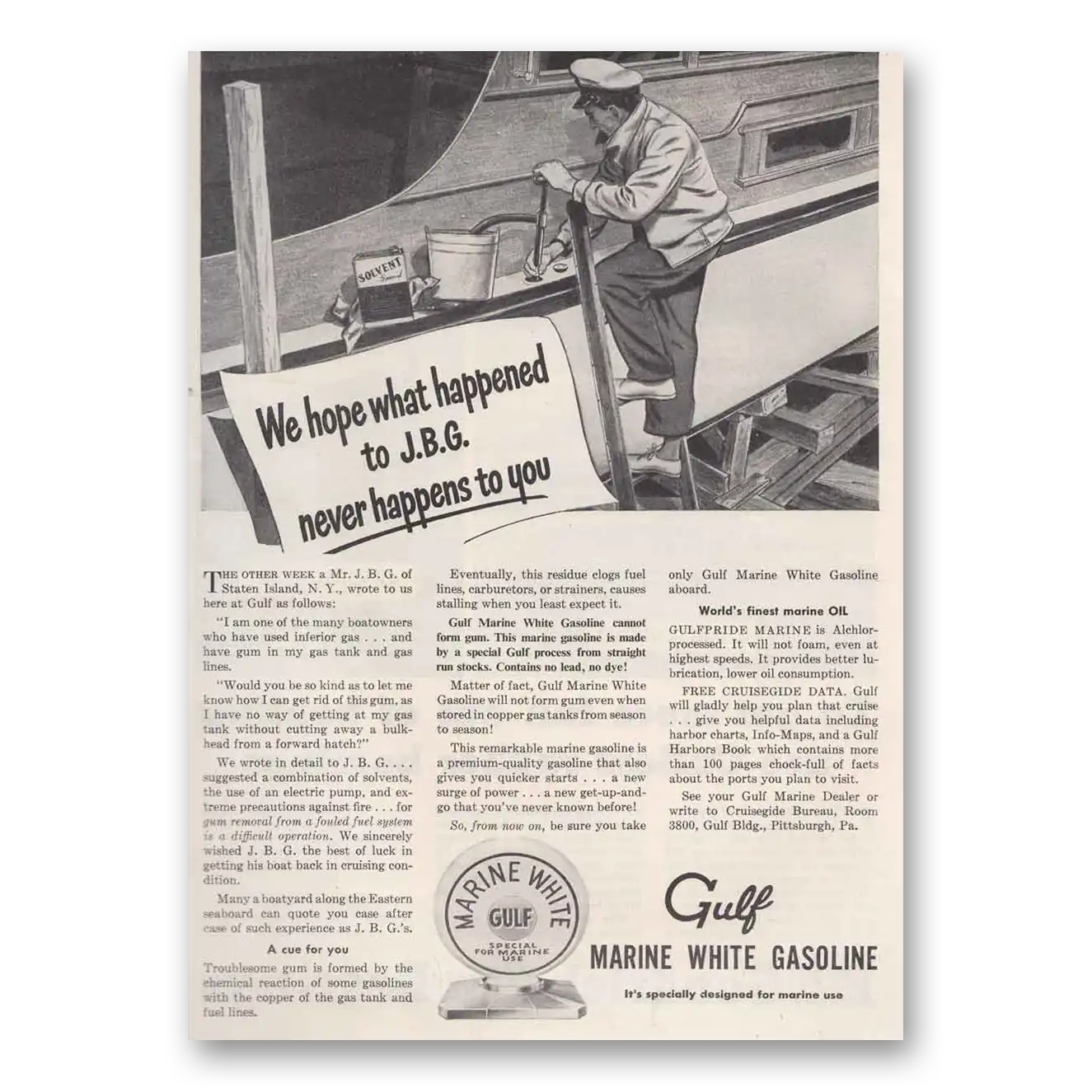 1947 Gulf Marine Print Ad | White Gasoline