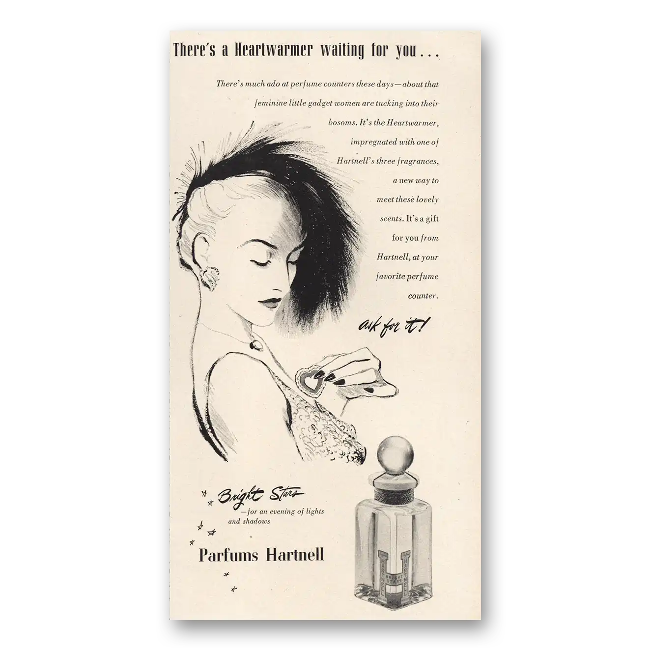 1947 Parfums Hartnell Print Ad | Heartwarmer Waiting For You