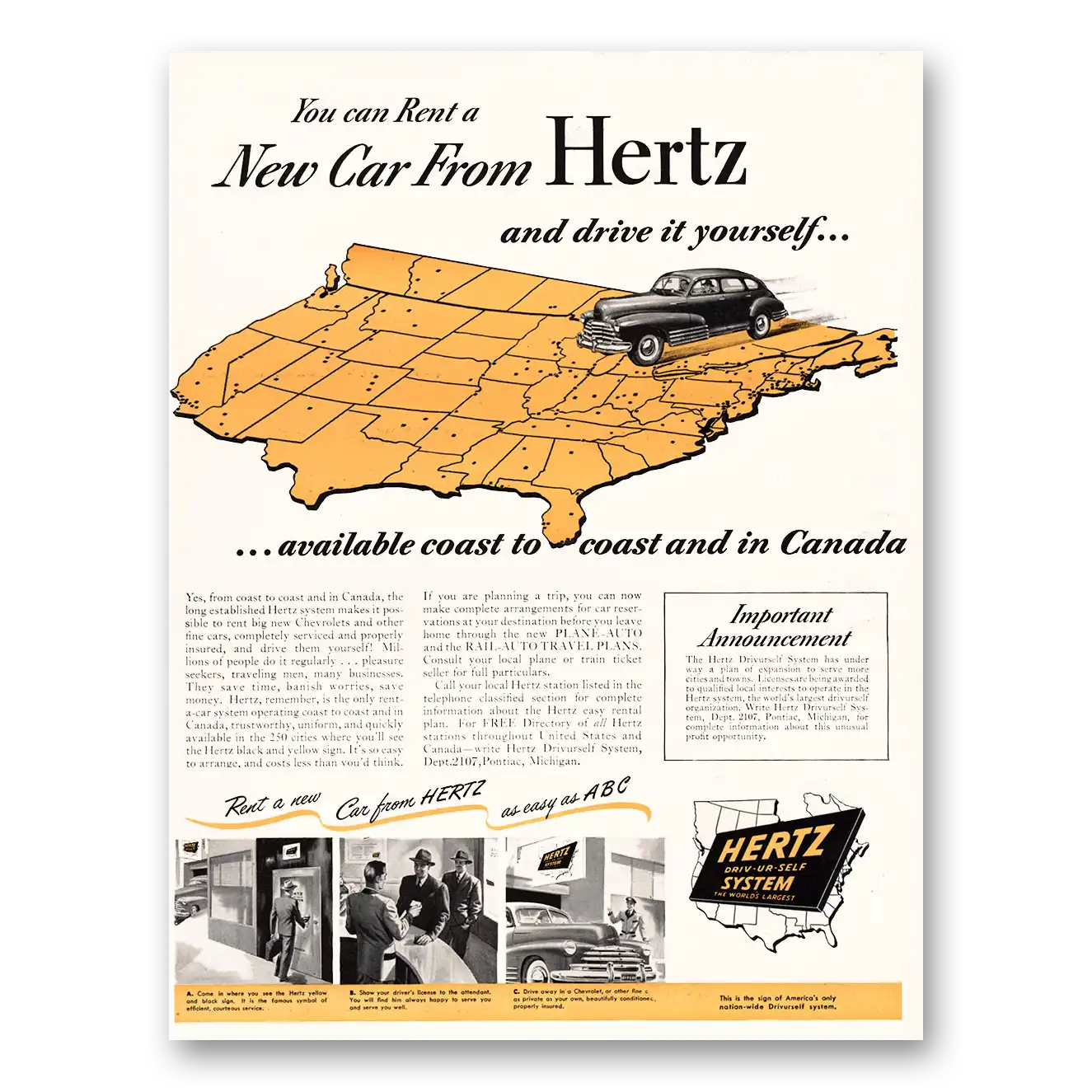 1947 Hertz Rent a Car Print Ad | Rent New Car