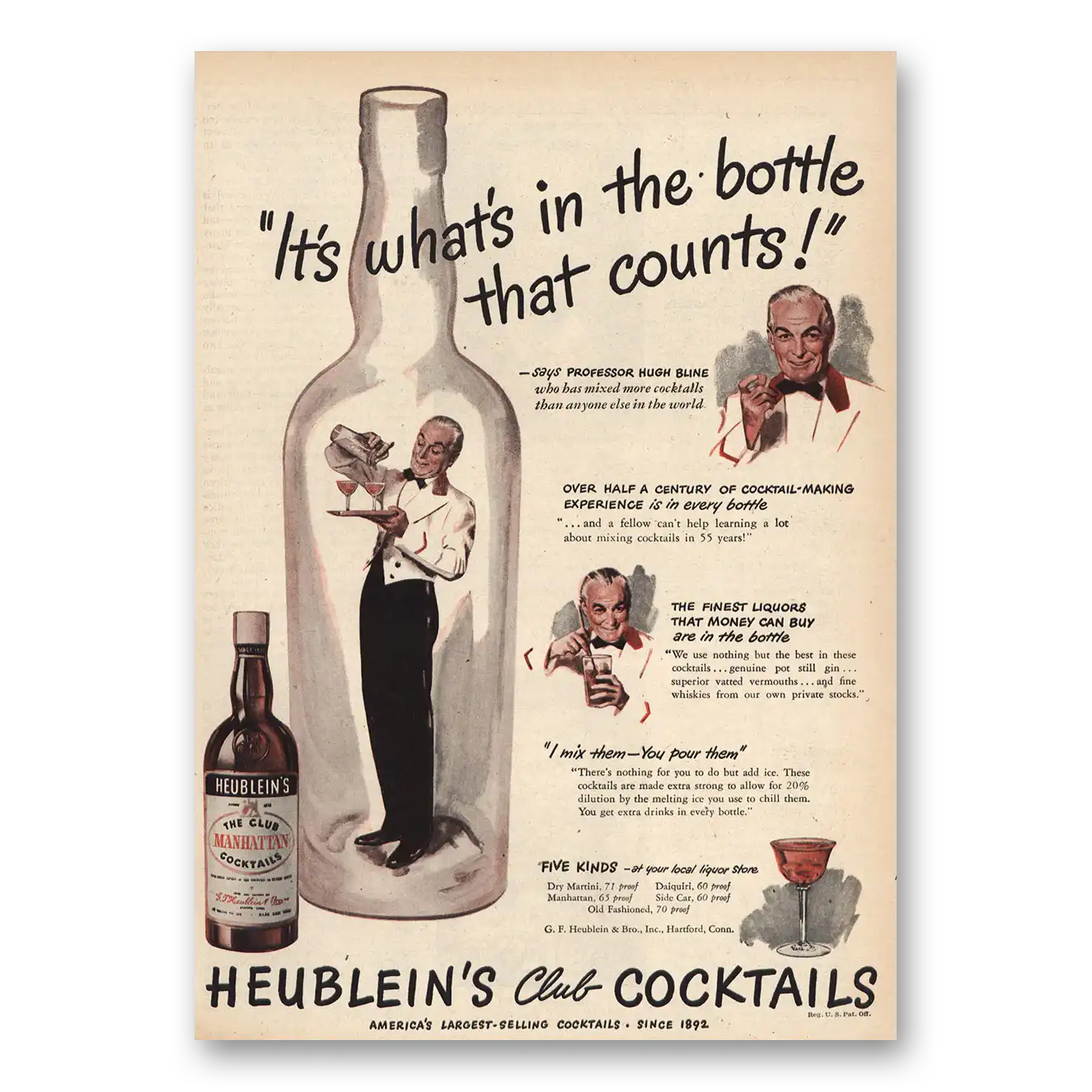 1947 Heublein Cocktails Print Ad | Whats In Bottle That Counts