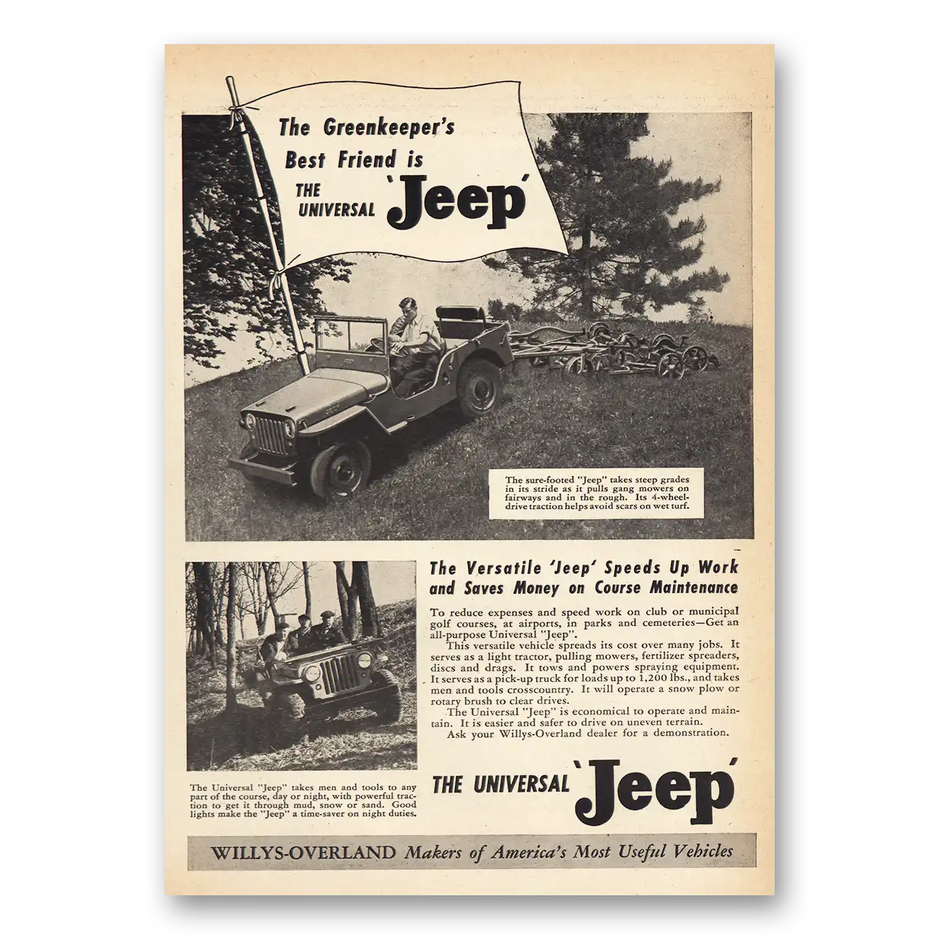1947 Jeep Universal Print Ad | Greenkeepers Best Friend