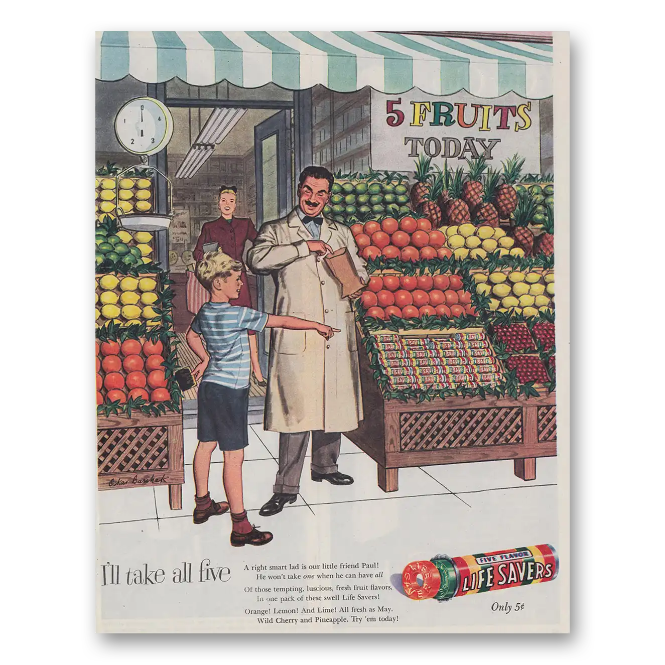 1947 Life Savers Print Ad | Take All Five Fruit Stand