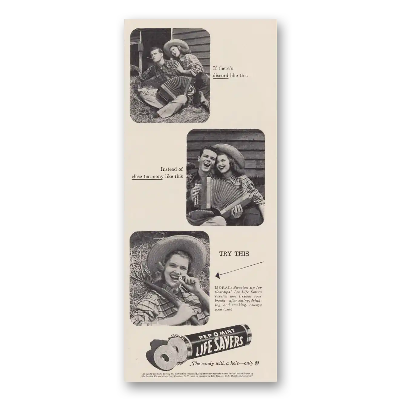 1947 Pep O Mint Life Savers Print Ad | Close Harmony