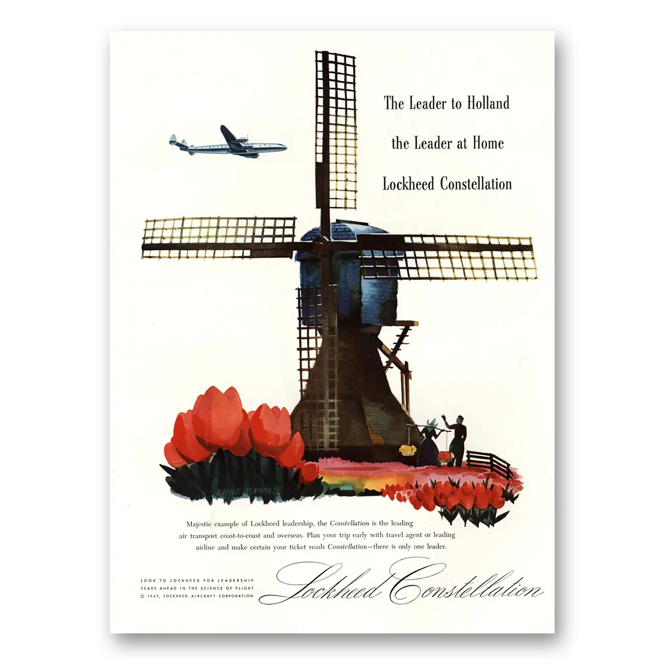1947 Lockheed Constellation Print Ad | Leader To Holland